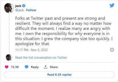 推特联合创始人为大规模裁员道歉：是我让公司扩张得太快了